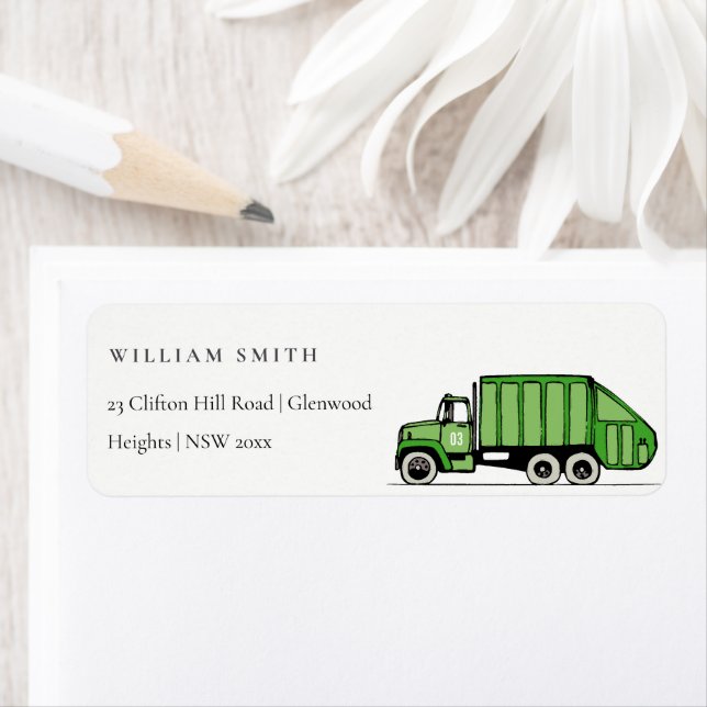 Cute Green Garbage Truck Kids Birthday Address (Insitu)