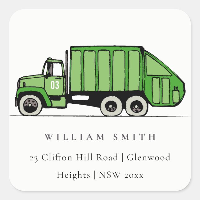 Cute Green Garbage Truck Kids Birthday Address Square Sticker (Front)