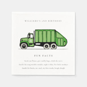 Cute Green Garbage Truck Kids Fun Facts Birthday Napkin