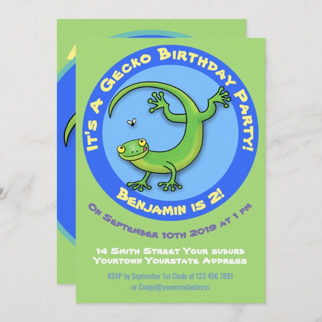 Cute green gecko cartoon invitation (Front/Back)