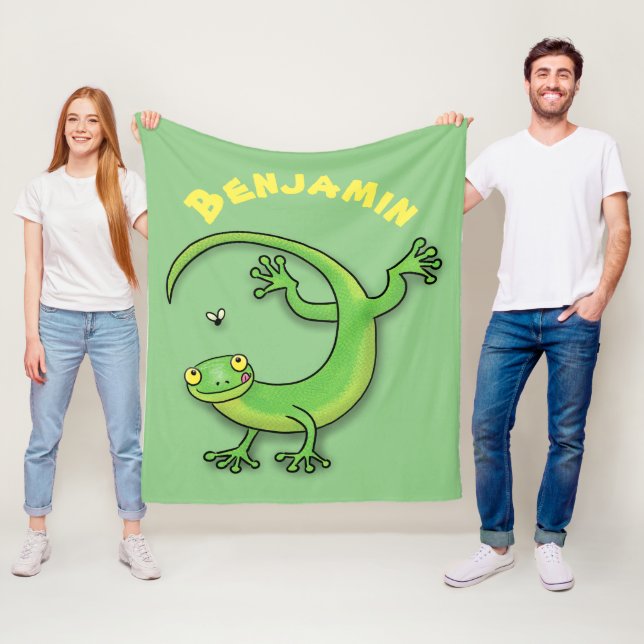 Cute green gecko lizard cartoon illustration fleece blanket (In Situ)