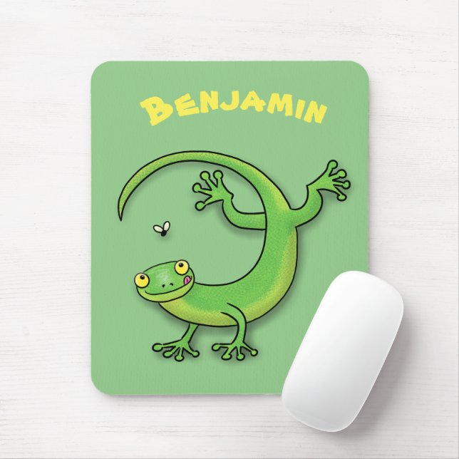 Cute green gecko lizard cartoon illustration mouse mat (With Mouse)
