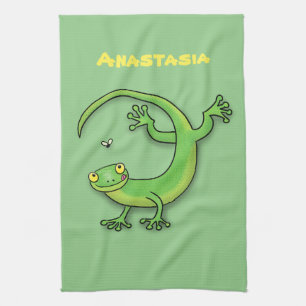 Cute green gecko lizard cartoon illustration tea towel