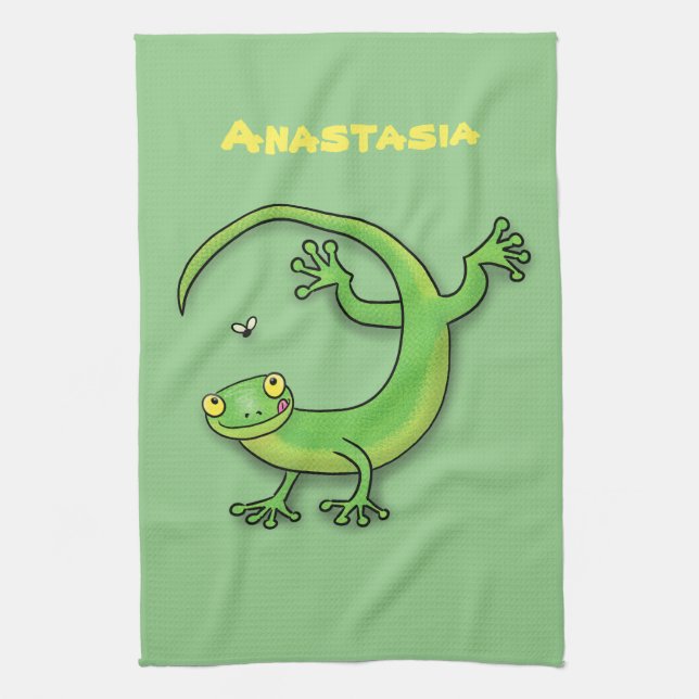 Cute green gecko lizard cartoon illustration tea towel (Vertical)