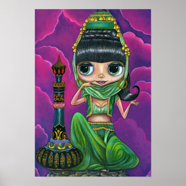 Cute Green Genie Girl Big Eyes Doll Magic Bottle Poster (Front)