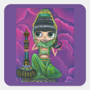 Cute Green Genie Girl Big Eyes Doll Magic Bottle Square Sticker