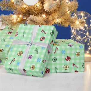 Cute Green Gingham Candy Christmas Wrapping Paper