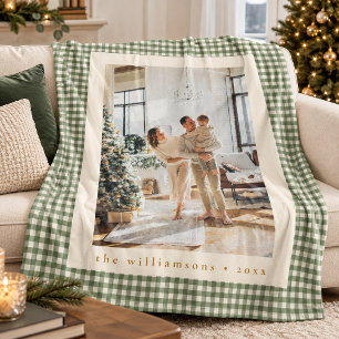 Cute Green Gingham Christmas Family Photo Keepsake Fleece Blanket