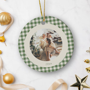 Cute Green Gingham Custom Photo Year Ornament