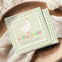 Cute Green Gingham Neutral Silly Goose Baby Shower