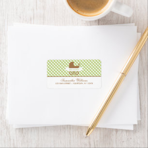 Cute Green Gingham Pattern and Baby Carriage Label