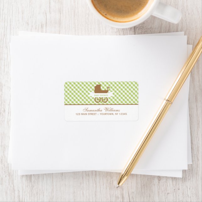 Cute Green Gingham Pattern and Baby Carriage Label (Insitu)