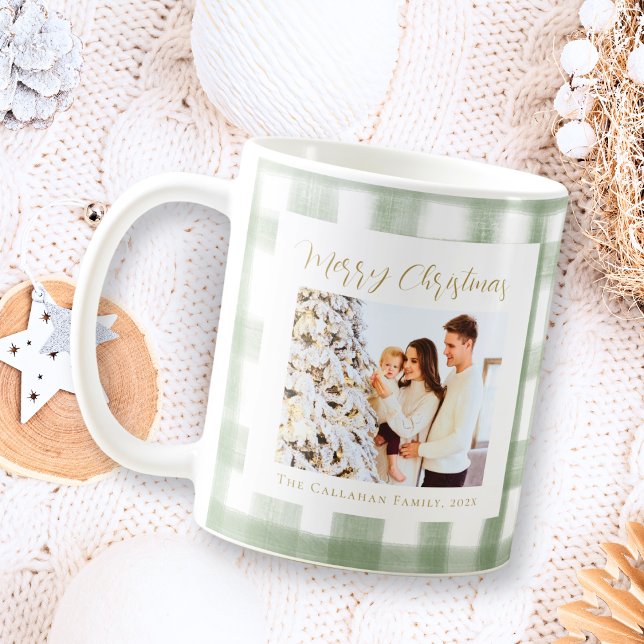 Cute Green Gingham Plaid Custom Photo Christmas Coffee Mug (Creator Uploaded)