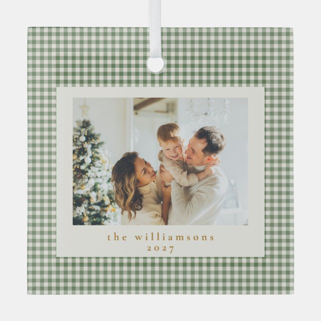 Cute Green Gingham Plaid Custom Photo Christmas Glass Tree Decoration (Front)