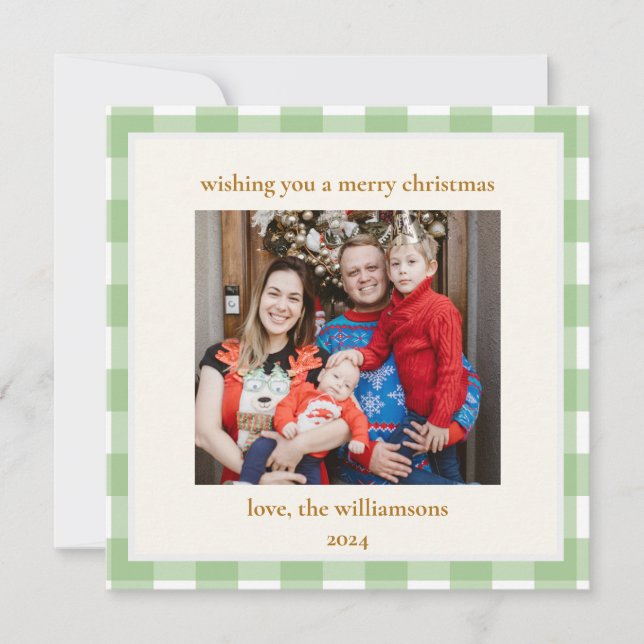 Cute Green Gingham Plaid Custom Photo Christmas Holiday Card (Front)