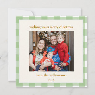 Cute Green Gingham Plaid Custom Photo Christmas Holiday Card