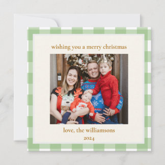 Cute Green Gingham Plaid Custom Photo Christmas Holiday Card