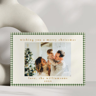 Cute Green Gingham Plaid Custom Photo Christmas Holiday Card