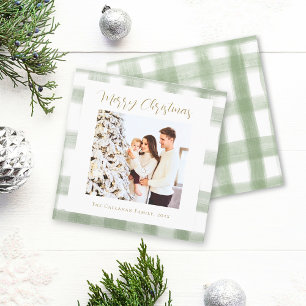 Cute Green Gingham Plaid Custom Photo Christmas Holiday Card