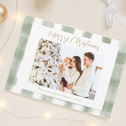 Cute Green Gingham Plaid Custom Photo Christmas Holiday Card