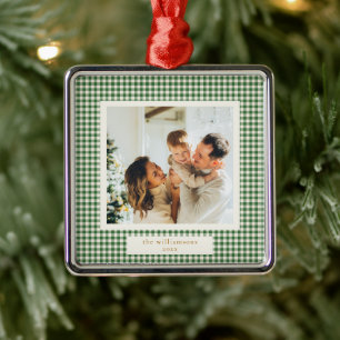 Cute Green Gingham Plaid Custom Photo Christmas Metal Tree Decoration