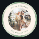 Cute Green Gingham Plaid Custom Photo Greeting Classic Round Sticker<br><div class="desc">Cute Green Gingham Plaid Custom Photo Greeting Classic Round Sticker</div>