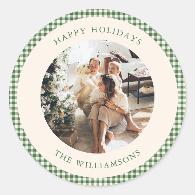 Cute Green Gingham Plaid Custom Photo Greeting Classic Round Sticker (Front)