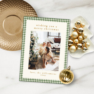 Cute Green Gingham Plaid Portrait Photo Christmas Holiday Card