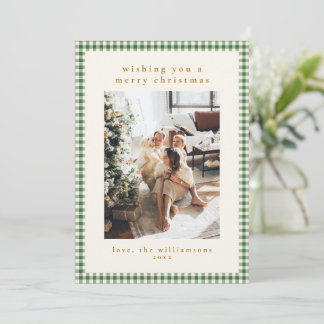 Cute Green Gingham Plaid Portrait Photo Christmas Holiday Card