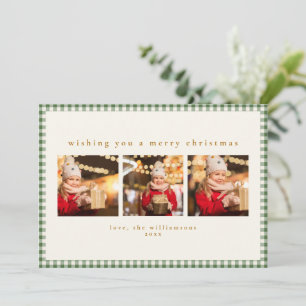 Cute Green Gingham Plaid Three Photo Christmas Holiday Card