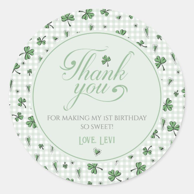 Cute Green Gingham Shamrock Thank You Classic Round Sticker (Front)