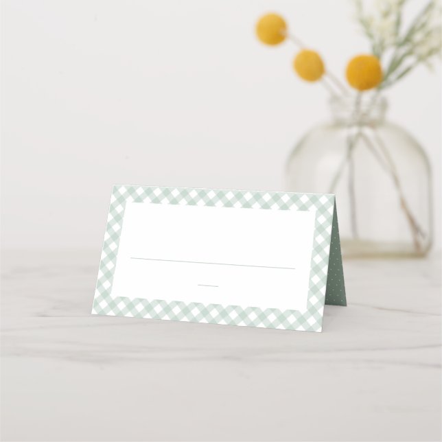 Cute green gingham simple neutral baby shower place card (Front)