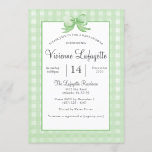 Cute Green Gingham with Bow Baby Shower Invitation