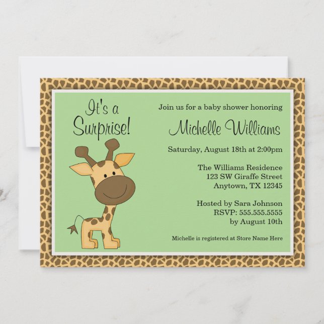 Cute Green Giraffe Gender Neutral Baby Shower Invitation (Front)