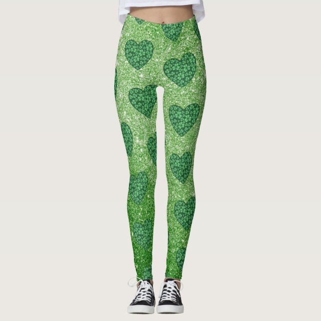 Cute Green Glitter St Patricks Day Shamrock Hearts Leggings (Front)