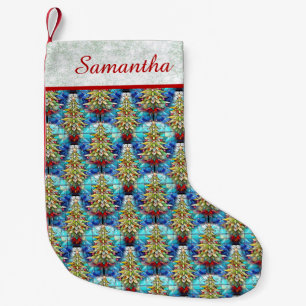 Cute Green Glitter Stained Glass Xmas Tree Pattern Small Christmas Stocking