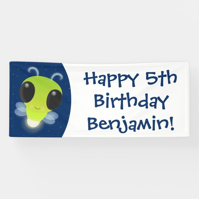 Cute green glow bug firefly cartoon illustration banner (Horizontal)