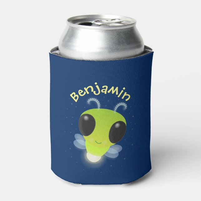 Cute green glow bug firefly cartoon illustration can cooler (Can Front)