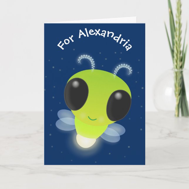 Cute green glow bug firefly cartoon illustration card (Front)