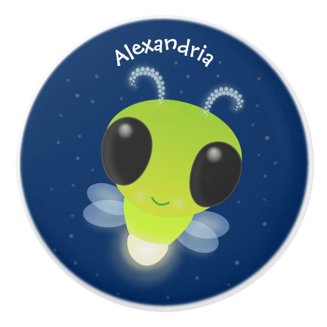 Cute green glow bug firefly cartoon illustration ceramic knob (Front)
