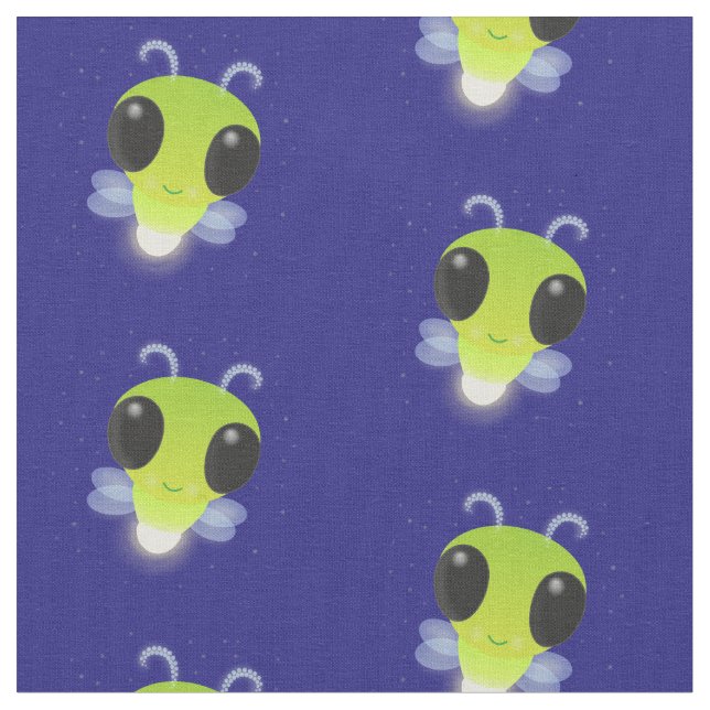 Cute green glow bug firefly cartoon illustration fabric (Close Up)
