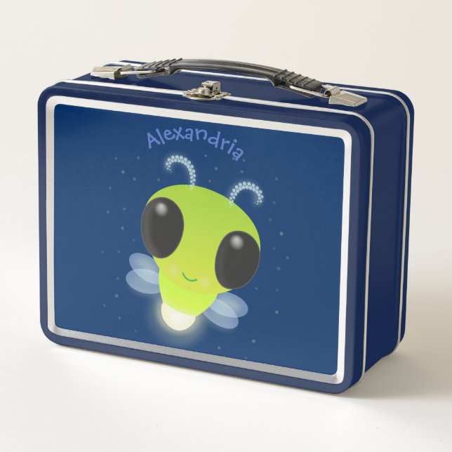 Cute green glow bug firefly cartoon illustration metal lunch box (Front)