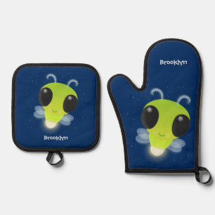 Cute green glow bug firefly cartoon illustration oven mitt & pot holder set