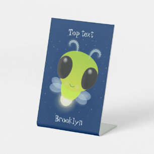 Cute green glow bug firefly cartoon illustration pedestal sign