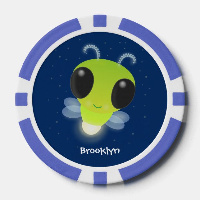 Cute green glow bug firefly cartoon illustration poker chips (Front)