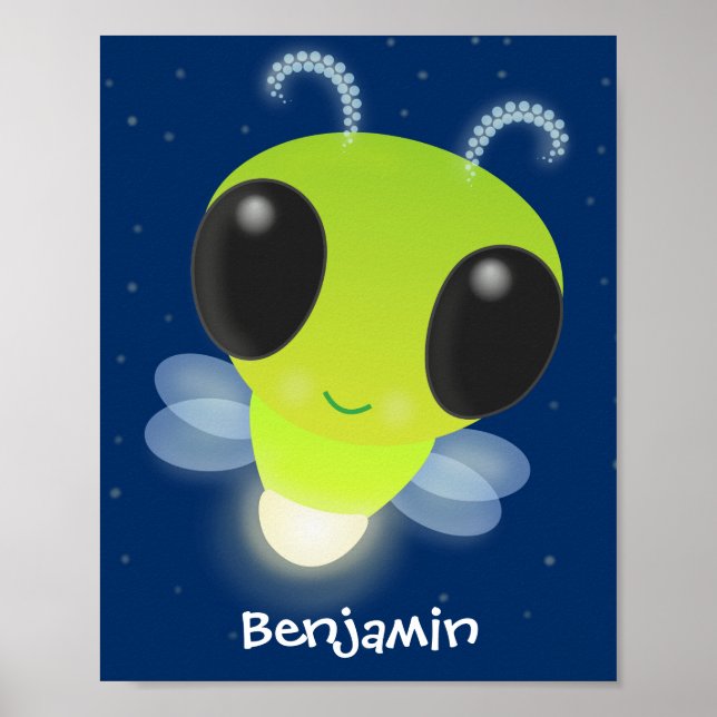 Cute green glow bug firefly cartoon illustration poster (Front)
