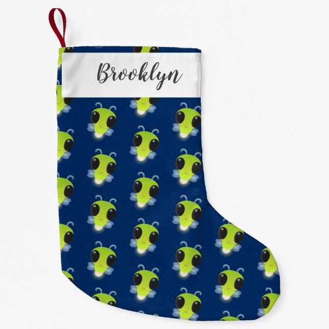 Cute green glow bug firefly cartoon illustration small christmas stocking (Front)