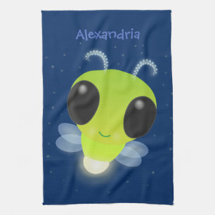 Cute green glow bug firefly cartoon illustration tea towel