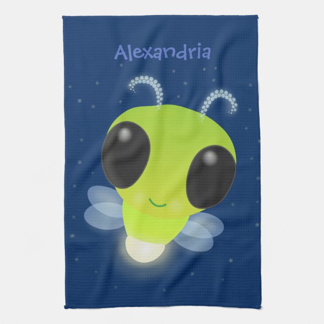 Cute green glow bug firefly cartoon illustration tea towel (Vertical)