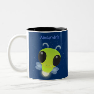 Cute green glow bug firefly cartoon illustration Two-Tone coffee mug